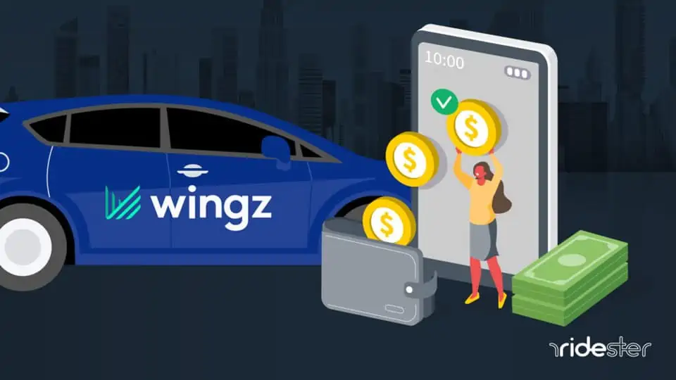 vector graphic showing a wingz rider saving money by using a wingz promo code on a ride - money coming out of a phone and going into a wallet