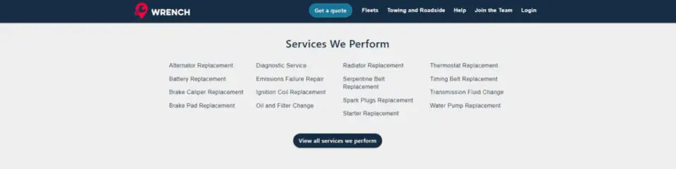 a screenshot of some of the core services that Wrench.com offers