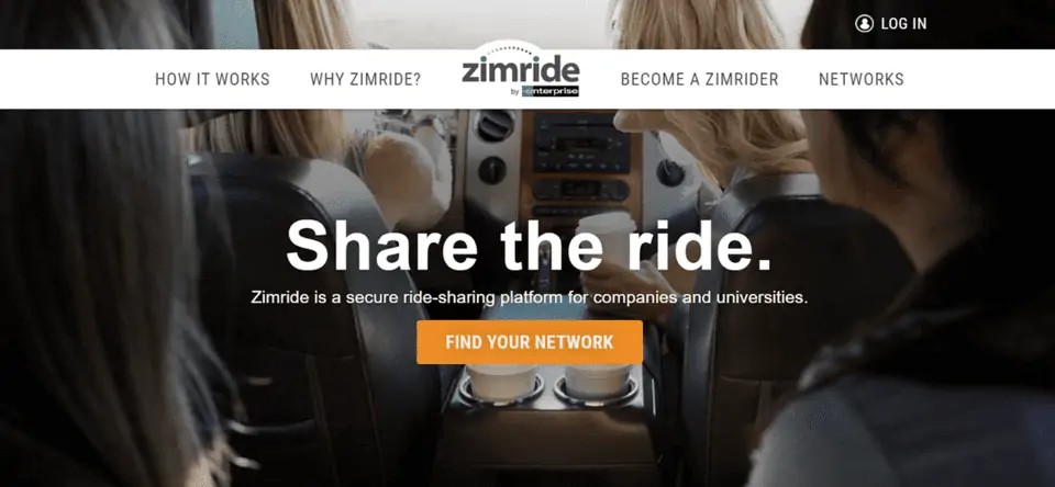 screenshot of the zimride homepage