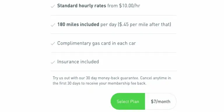 screenshot of a Zipcar cost quote