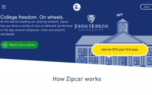 screenshot of Zipcar student homepage