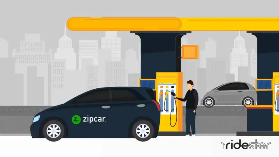 vector graphic showing a man getting zipcar gas at a gas pump standing next to a zipcar vehicle