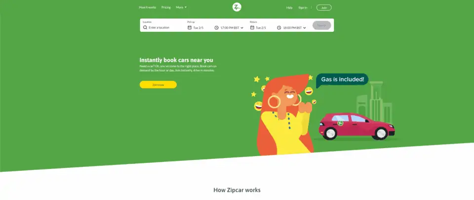 A screenshot of the zipcar homepage