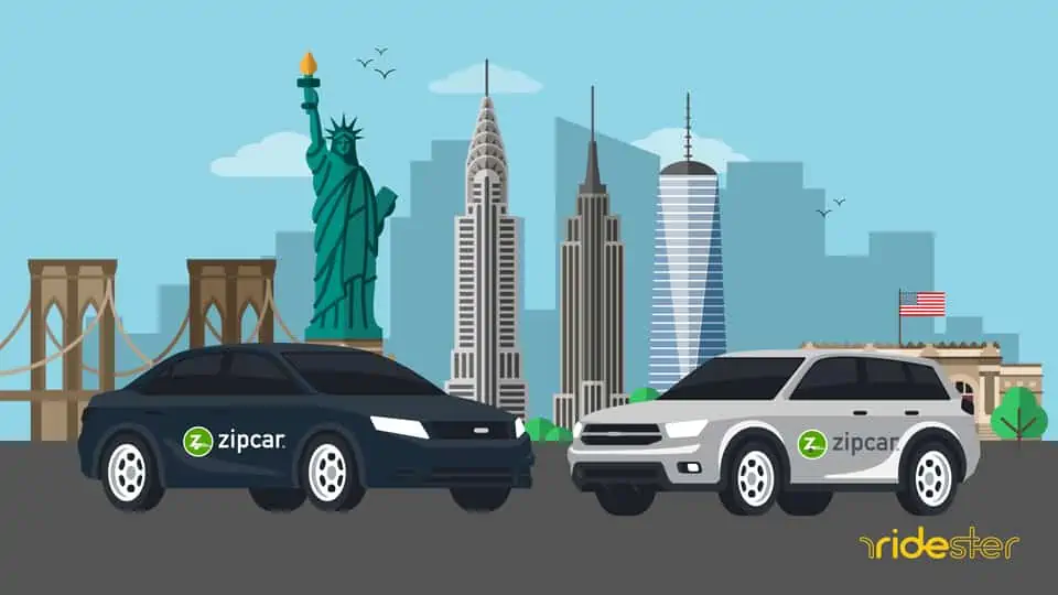 vector graphic showing zipcar nyc vehicles against the city skyline and other popular tourist things