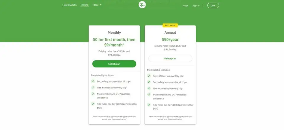 a screenshot of the zipcar pricing page