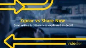 graphic showing zipcar vs share now text on a screen against a ridester-themed background