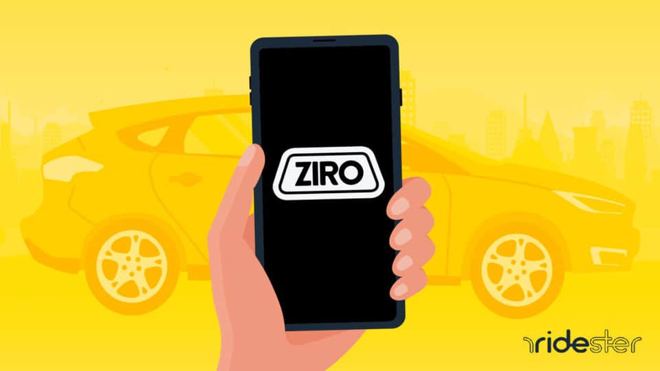 vector graphic showing the hand of a ziro driver holding a smartphone with the ziro logo on it with a vehicle in the background