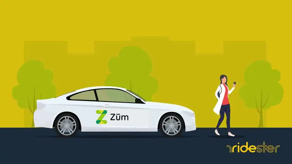 vector graphic showing a zum driver next to a zum vehicle against a city skyline