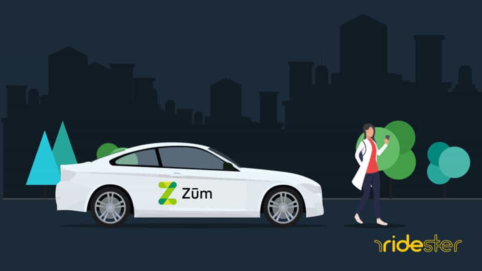 vector graphic showing a zum driver next to a zum vehicle against a city skyline